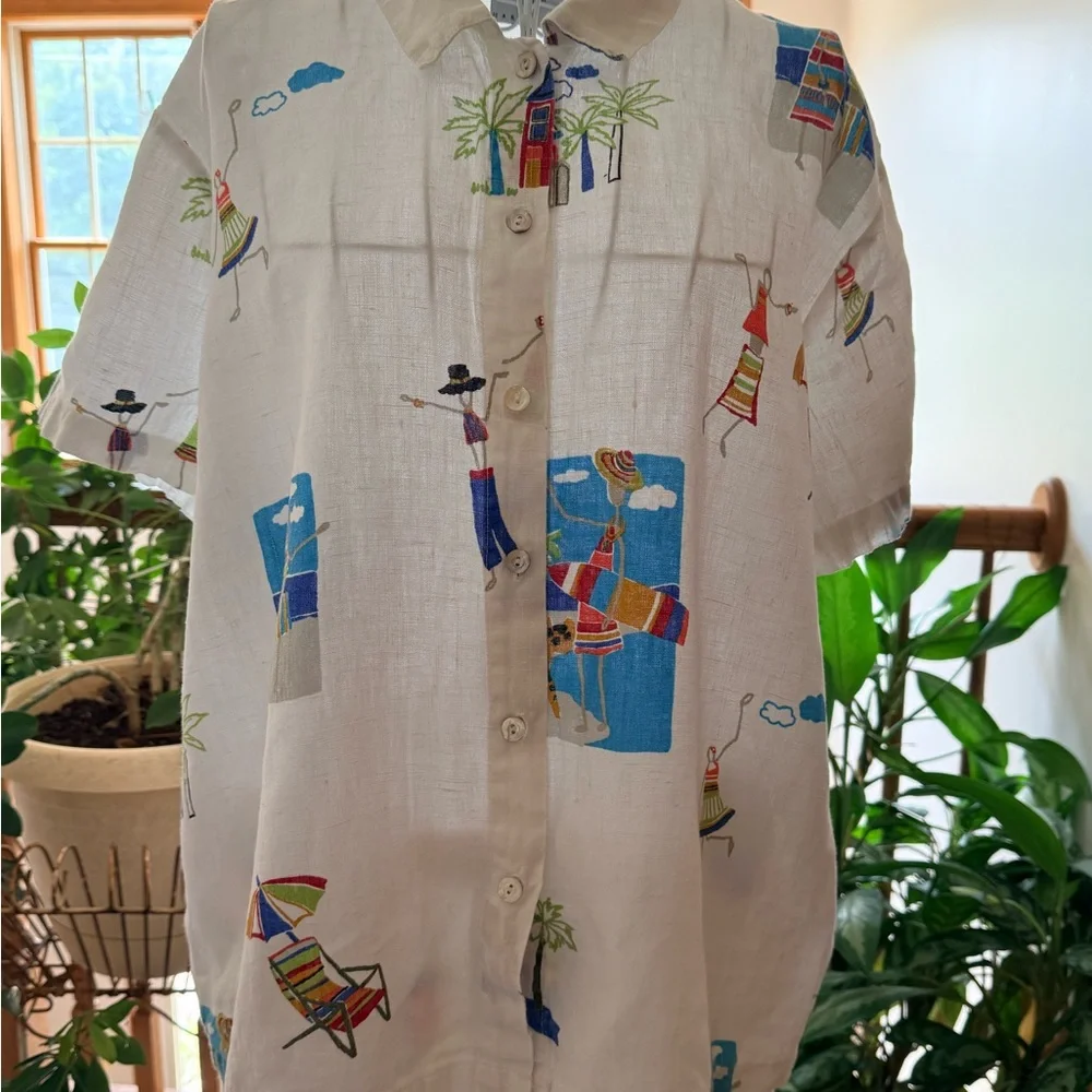 Hot Cotton by Marc Ware White Two-Piece Beach Print Linen Set XL - Picture 5 of 7